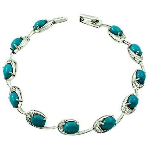 RB Gems Sterling Silver 925 Tennis Bracelet 9.67 Carats Genuine Turquoise and White Topaz, Rhodium-Plated