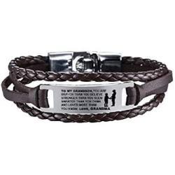 COMTRUDE to My Grandson Bracelets, Stainless Steel Leather Inspirational Wristband, Grandson Bracelet from Grandma, Love Grandson Best Gift (Brown and Black)