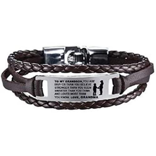 COMTRUDE to My Grandson Bracelets, Stainless Steel Leather Inspirational Wristband, Grandson Bracelet from Grandma, Love Grandson Best Gift (Brown and Black)