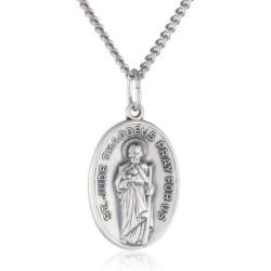 Sterling Silver Oval Saint Jude Medal with Antique Finish and Stainless Steel Chain, 20''