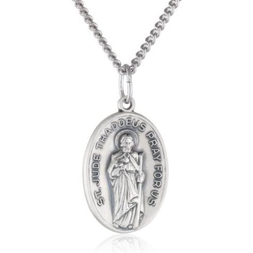 Sterling Silver Oval Saint Jude Medal with Antique Finish and Stainless Steel Chain, 20''
