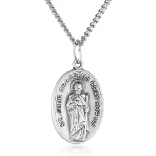Sterling Silver Oval Saint Jude Medal with Antique Finish and Stainless Steel Chain, 20''