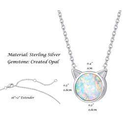 FANCIME Sterling Silver Cat/Unicorn/Elephant Necklace White Created Opal Cute Pendant Necklace Small Dot Round Disc Fine Jewelry For Women Girls 16+2 inch Extender