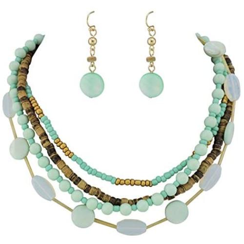 Coiris 4 Multi Strand Beaded Statement Necklace Earrings for Women 17.5'' Collar Necklace Set (N10048-mint Green)