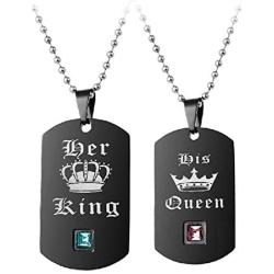 Uloveido Black Stainless Steel King Queen Necklaces Set, Dog Tag Amy Pendant Necklace for Couples