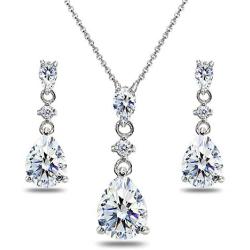 Sterling Silver Pear-Cut Teardrop Dangling Stud Earrings & Necklace Set Made with Swarovski Zirconia