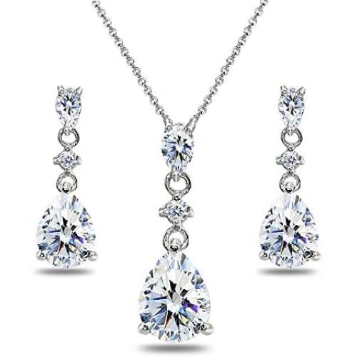 Sterling Silver Pear-Cut Teardrop Dangling Stud Earrings & Necklace Set Made with Swarovski Zirconia