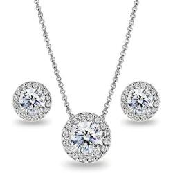 Sterling Silver Round Halo Stud Earrings & Necklace Set Made with Swarovski Zirconia