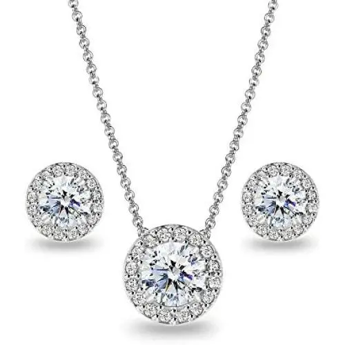 Sterling Silver Round Halo Stud Earrings & Necklace Set Made with Swarovski Zirconia