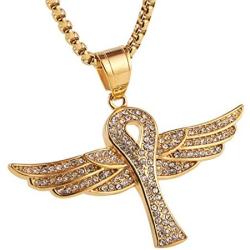 Asalways Stainless Steel Gold-Plated Coptic Ankh Cross Necklace Ancient Egypt Cross Angel Wing Pendant