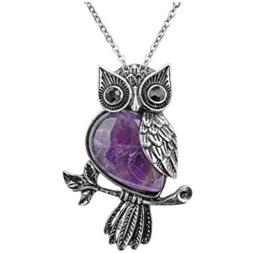 Jovivi Owl Gifts Owl Necklace Healing Crystal Stones Pendant Necklaces for Women Men Natural Amethyst Rose Quartz Gemstone Jewelry for Reiki Spiritual Energy Lucky