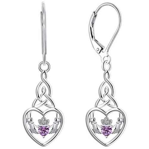JO WISDOM Women Earrings,925 Sterling Silver Irish Celtic Claddagh Love Heart Drop & Dangle Leverback Earrings with 5A Cubic Zirconia