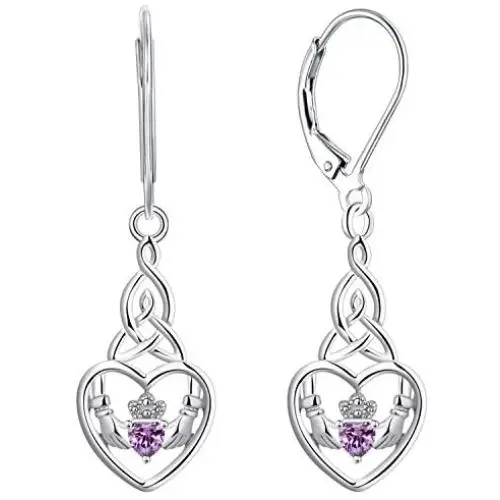 JO WISDOM Women Earrings,925 Sterling Silver Irish Celtic Claddagh Love Heart Drop & Dangle Leverback Earrings with 5A Cubic Zirconia