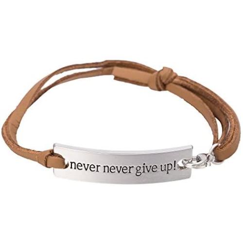 Skyrim Inspritional Leather Bracelet with Words Never Give up, Fashion Jewelry for Men and Women