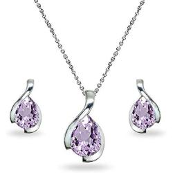 Sterling Silver Genuine or Synthetic Gemstone Pear-Cut Solitaire Teardrop Design Pendant Necklace & Stud Earrings Set