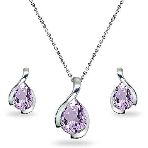 Sterling Silver Genuine or Synthetic Gemstone Pear-Cut Solitaire Teardrop Design Pendant Necklace & Stud Earrings Set