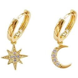 Crystal Moon Star Dangle Hoop Earrings for Women Teen Girls S925 Sterling Silver with Charms Asymmetrical CZ Diamond Drop Cartilage Cute Jewelry Delicate Fashion Birthday Gift Best Friend Gold Plated