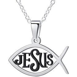 FaithHeart Jesus Ichthus Necklace, Stainless Steel/Gold Plated Jewelry Customize Available, Jesus Pieces Christian Fish Pendant Necklace (Send Gift Box)