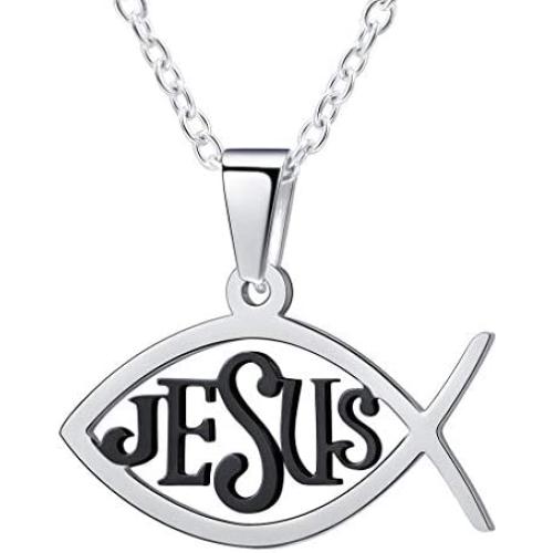 FaithHeart Jesus Ichthus Necklace, Stainless Steel/Gold Plated Jewelry Customize Available, Jesus Pieces Christian Fish Pendant Necklace (Send Gift Box)
