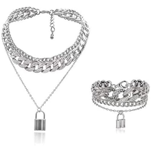 tenghong2021 Layered Rhinestone Cuban Necklaces Bracelet Set Layering Miami Butterflies Collar Cuban Link Chain Lock Pendant Necklace Bracelet Tennis Zirconia Bling Butterfly Chokers
