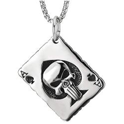 Steel Ace Card Poker Grid Checker Pattern Pendant Necklace with Punisher Skull and Spade, Two-Sided