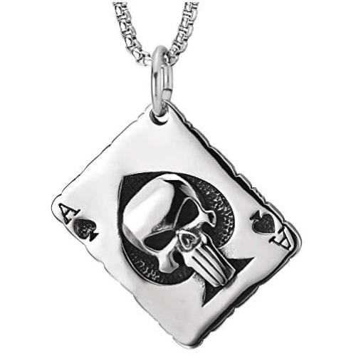 Steel Ace Card Poker Grid Checker Pattern Pendant Necklace with Punisher Skull and Spade, Two-Sided