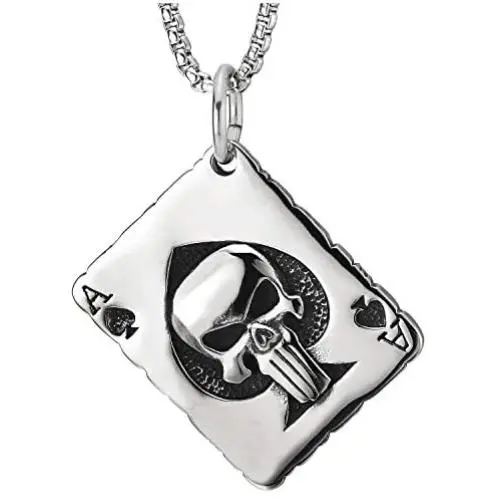 Steel Ace Card Poker Grid Checker Pattern Pendant Necklace with Punisher Skull and Spade, Two-Sided