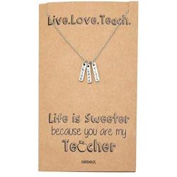 Quan Jewelry Teacher Appreciation Gifts, 3 Bars Pendant with Live, Love, Teach Engraved, Jewelry Necklace Gift for Teachers with Sweet Quote Greeting Card, Silver Tone