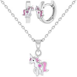925 Sterling Silver Pink & White Unicorn Jewelry Set Earrings Necklace for Girls