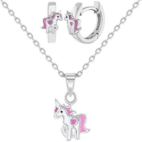 925 Sterling Silver Pink & White Unicorn Jewelry Set Earrings Necklace for Girls