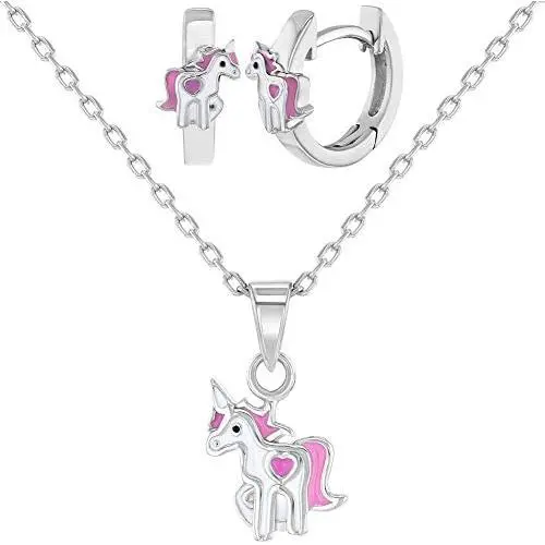 925 Sterling Silver Pink & White Unicorn Jewelry Set Earrings Necklace for Girls 925 Sterling Silver Pink & White Unicorn Jewelry Set Earrings Necklace for Girls