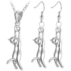 U7 Cute Cat Necklace Rhinestone with Chain Platinum/18K Gold Plated Girls Charm Smooth Collarbone Necklace