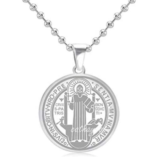 Stainless Steel Patron Saint St.Benedict Holy Medal Charm Pendant Necklace SS Ball Chain 55CM Cross Religious Round Tag Jewelry