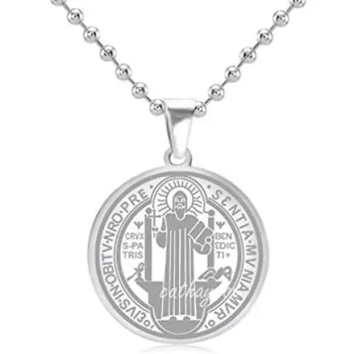 Stainless Steel Patron Saint St.Benedict Holy Medal Charm Pendant Necklace SS Ball Chain 55CM Cross Religious Round Tag Jewelry Stainless Steel Patron Saint St.Benedict Holy Medal Charm Pendant Necklace SS Ball Chain 55CM Cross Religious Round Tag Jewelry