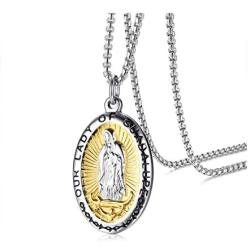 Rockyu Coin Necklace for Men Women Gold Plated Stainless Steel Coin Pendant Engraved Virgin Mary Christian Jewelry with Lattering Miraculous Medal Chain 24 Inch