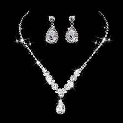 Unicra Bride Silver Bridal Necklace Earrings Set Crystal Bridal Wedding Jewelry Set Rhinestone Choker Necklace for Women and Girls (3 piece set - 2 earrings and 1 necklace)(Silver-3)
