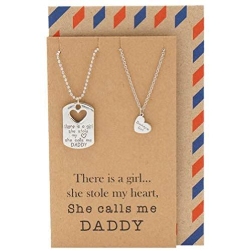 Quan Jewelry Father and Daughter Necklace Set, Dog Tag and Heart Charms Inspirational Gifts with Greeting Card