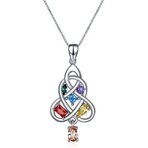 YFN Irish Celtic Knot Pendant Necklace Sterling Silver with Colorful Created Birthstone CZ Jewelry 18'' for Women