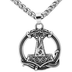 GuoShuang Viking Men Mjolnir Thor Hammer Raven Rune Stainless Steel Necklace with Valknut Gift Bag Nordic Jewelry