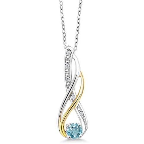 Gem Stone King 2 Tone 10K Yellow Gold And 925 Sterling Silver Diamond Infinity Pendant 0.54 Ct Round Blue Zircon