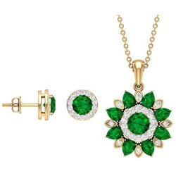 Emerald and Diamond Jewelry 3.54 CT, Floral Jewelry, Gold Pendant Set with Earrings (5 MM Round, 4X3 MM Pear Shaped Emerald) 18K Gold