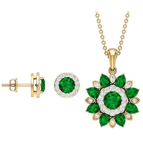 Emerald and Diamond Jewelry 3.54 CT, Floral Jewelry, Gold Pendant Set with Earrings (5 MM Round, 4X3 MM Pear Shaped Emerald) 18K Gold