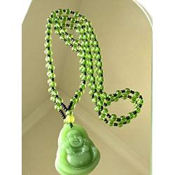 Laughing Buddha Green Jade Stabilized Turquoise Pendant 26'' Necklace Bead Carved Long Large Boho Chain Genuine Certified Grade A Jadeite Hand Crafted, Jade Medallion