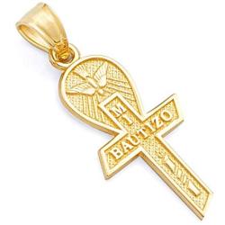 Wellingsale 14K Yellow Gold Polished Milgrain Religious Baptism''Mi Bautizo'' Charm Pendant with Cross