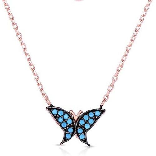 Unique Royal Jewelry 925 Sterling Silver Turquoise Butterfly Necklace - Adjustable 17'' - 19''