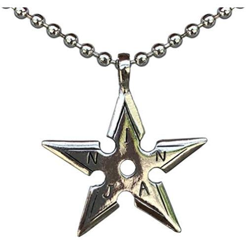 Ninja Jewelry Shuriken Throwing Star Japanese Ninjitsu Karate Kung-Fu Pewter Boys Mens Pendant Charm Protection Amulet Warrior Safety Talisman Necklace for boys men w Silver Ball Chain