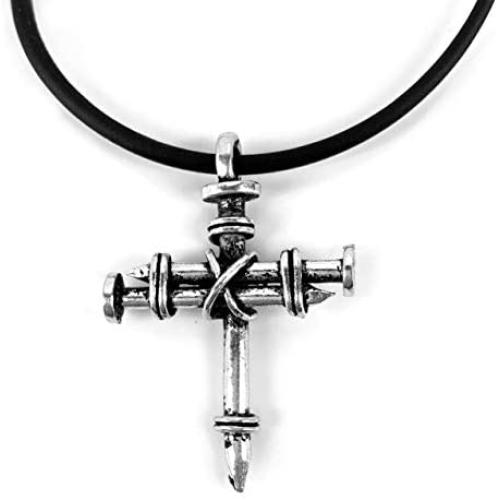 Wire Wrapped Three Nails Cross Necklace on Black Rubber Cord