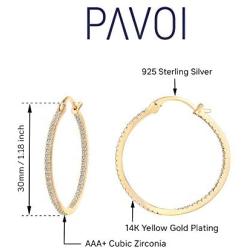 PAVOI 14K Gold Plated 925 Sterling Silver Post Cubic Zirconia Hoop Earrings 30/15mm