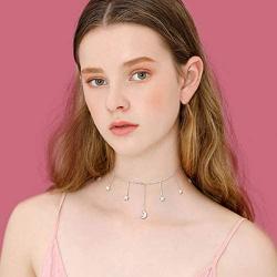 S925 Sterling Silver Jewelry Crescent Moon and Star Celestial Choker Necklace Rolo Chain 13 inches to 16 inches Elegant Gift for Her