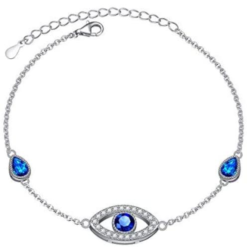 DAOSHANG 925 Sterling Silver Good Luck Blue Cubic Zirconia Evil Eye Bracelet for Women, Adjustable Chain 7 + 2''